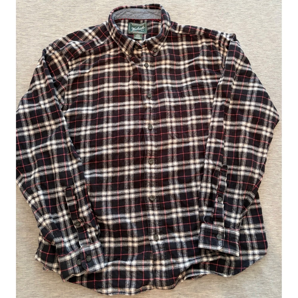 Woolrich Mens XL Flannel Shirt Black White Red Plaid Cotton Button Down 6280